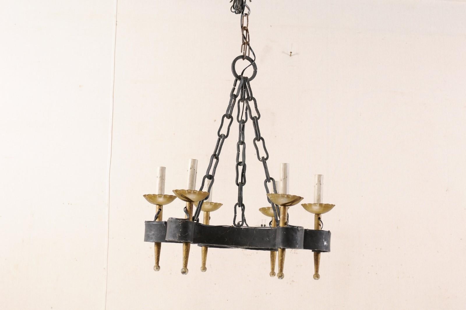 French Mid-20th Century Six-Light Black and Gold Hand-Forged Iron Chandelier 2