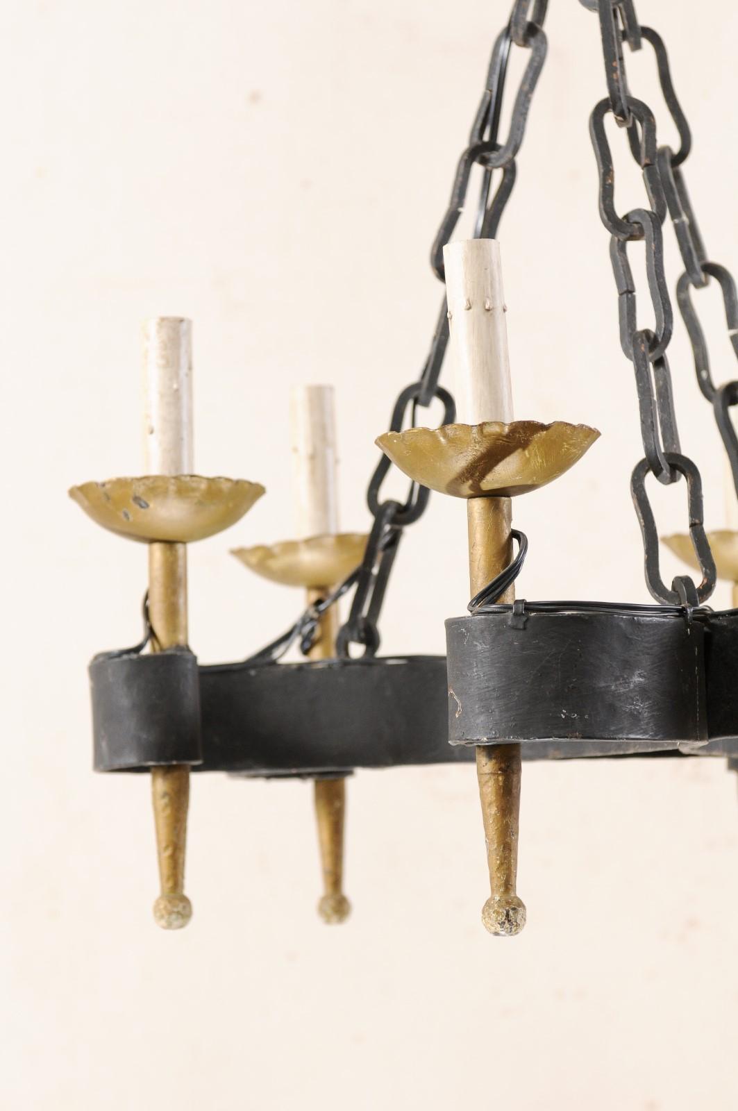 French Mid-20th Century Six-Light Black and Gold Hand-Forged Iron Chandelier 4