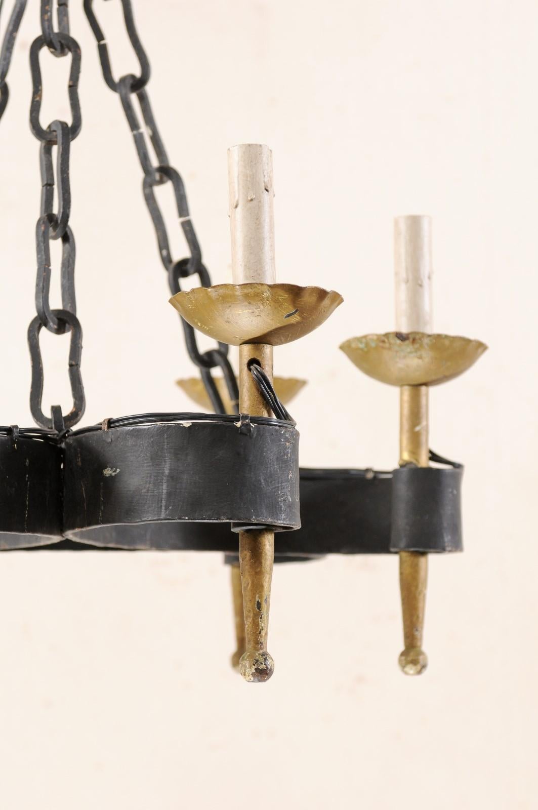 French Mid-20th Century Six-Light Black and Gold Hand-Forged Iron Chandelier 5