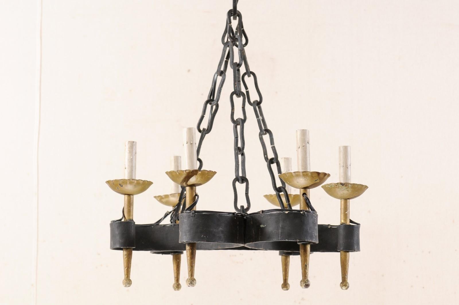 French Mid-20th Century Six-Light Black and Gold Hand-Forged Iron Chandelier 6