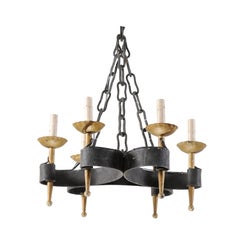 French Mid-20th Century Six-Light Black and Gold Hand-Forged Iron Chandelier
