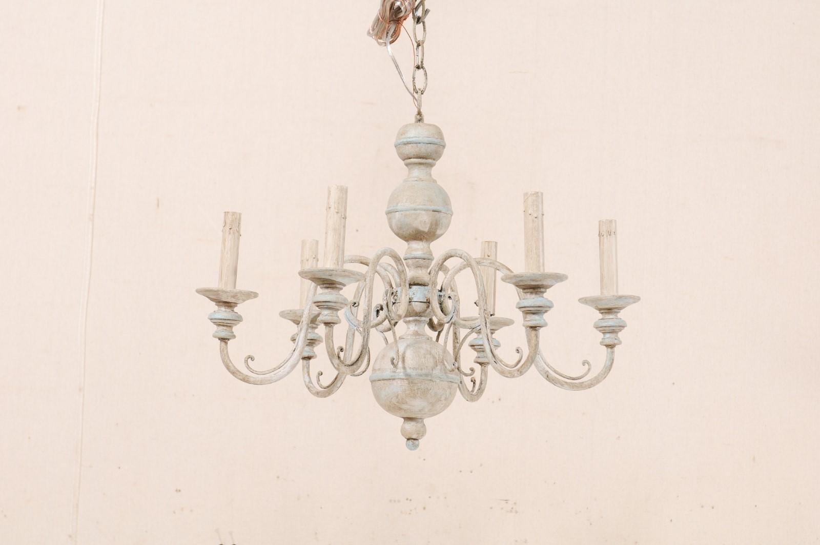 French Mid-20th Century Carved & Painted Wood and Iron Six-Light Chandelier  In Good Condition In Atlanta, GA