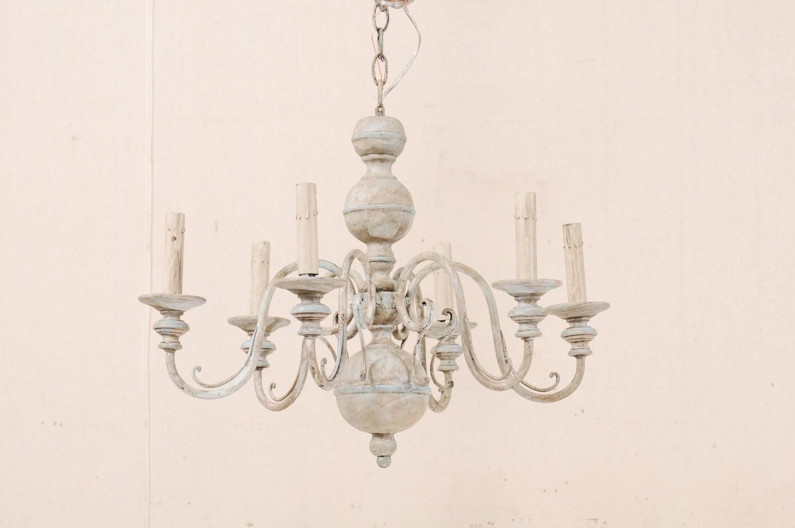 Metal French Mid-20th Century Carved & Painted Wood and Iron Six-Light Chandelier 