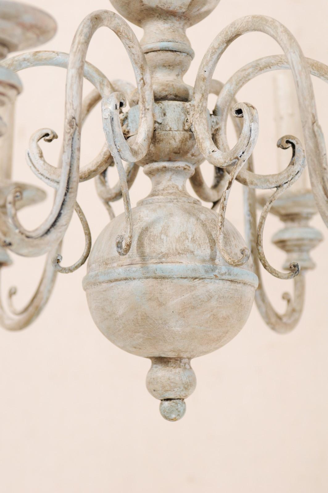 French Mid-20th Century Carved & Painted Wood and Iron Six-Light Chandelier  3