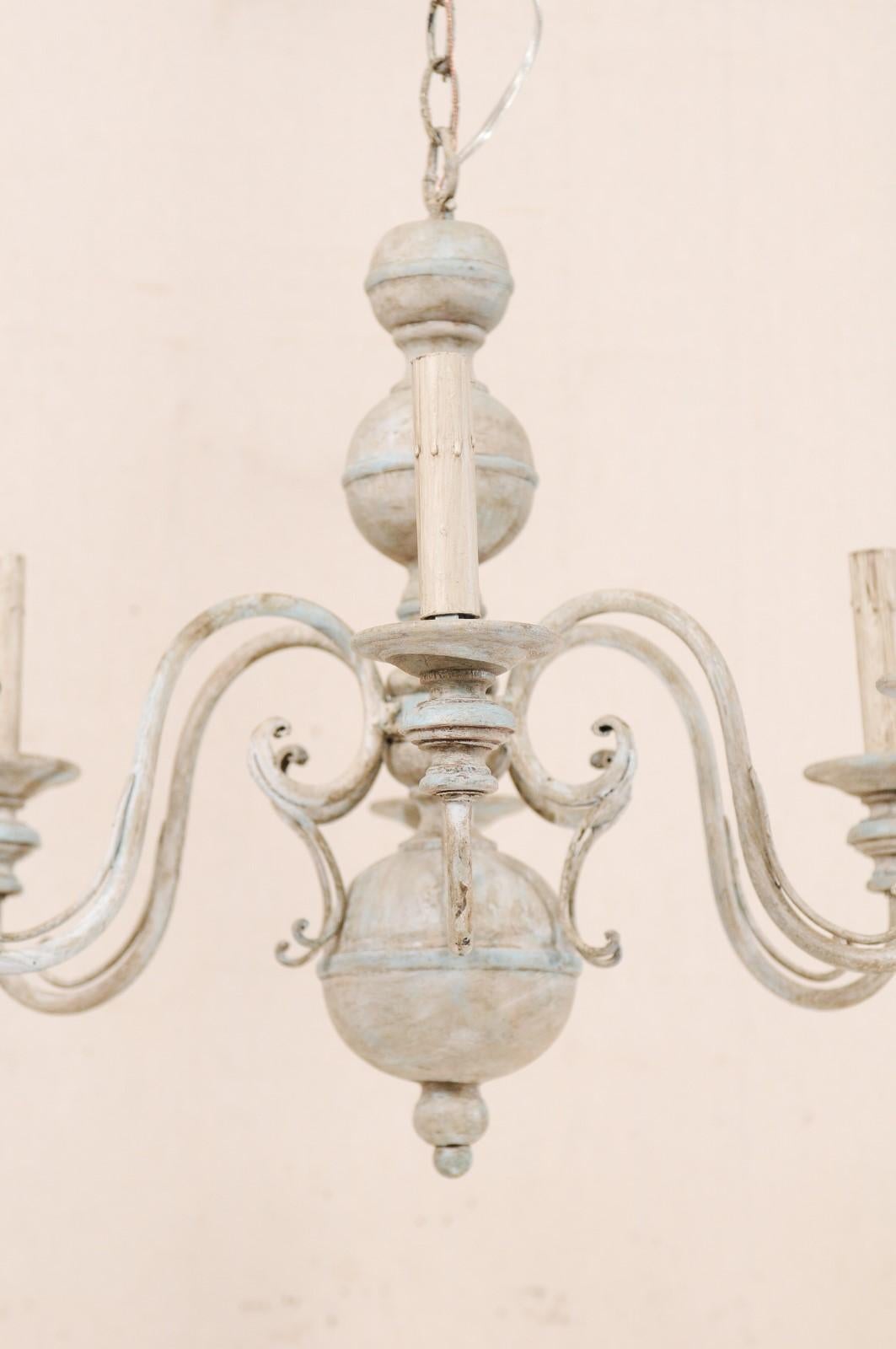 French Mid-20th Century Carved & Painted Wood and Iron Six-Light Chandelier  4
