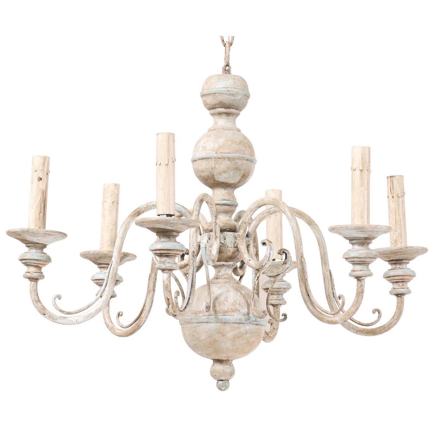 French Mid-20th Century Carved & Painted Wood and Iron Six-Light Chandelier 