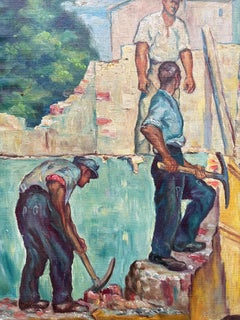 French Mid-20th Century Social Realist Oil Painting of Construction Workers