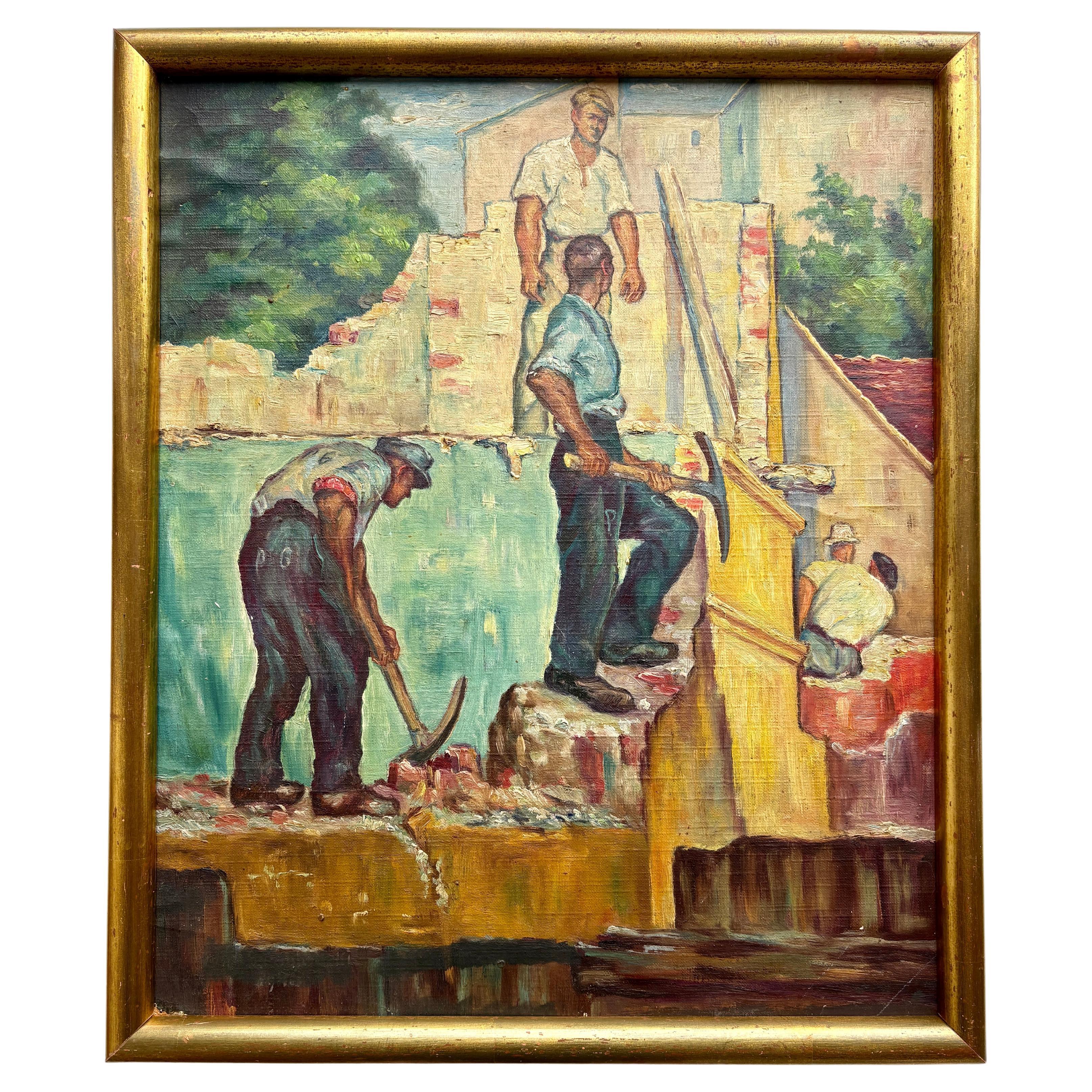 French Mid-20th Century Social Realist Oil Painting of Construction Workers
