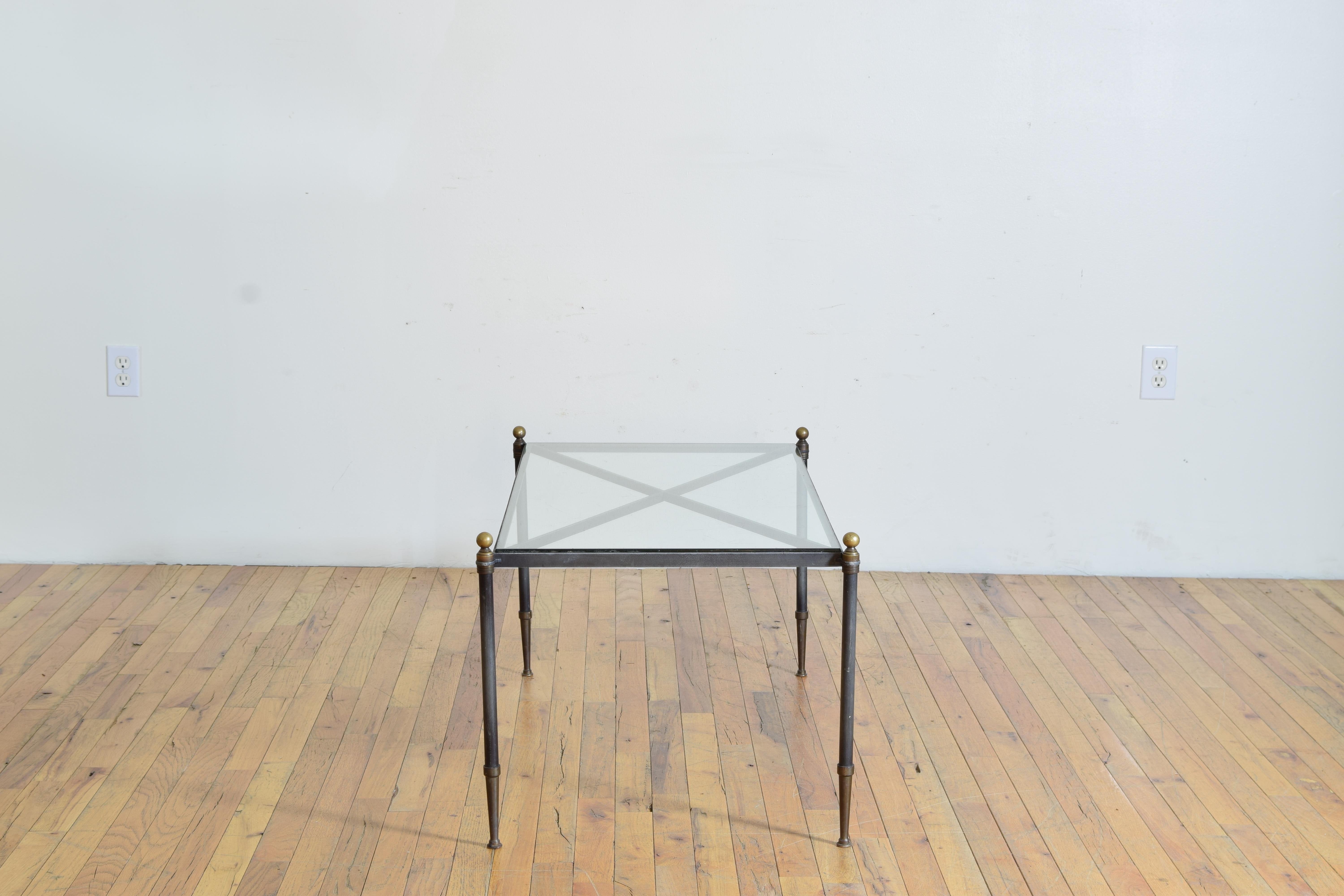 Mid-Century Modern French Mid 20th Century Steel & Brass Glass Top Coffee Table with X-form Frame For Sale