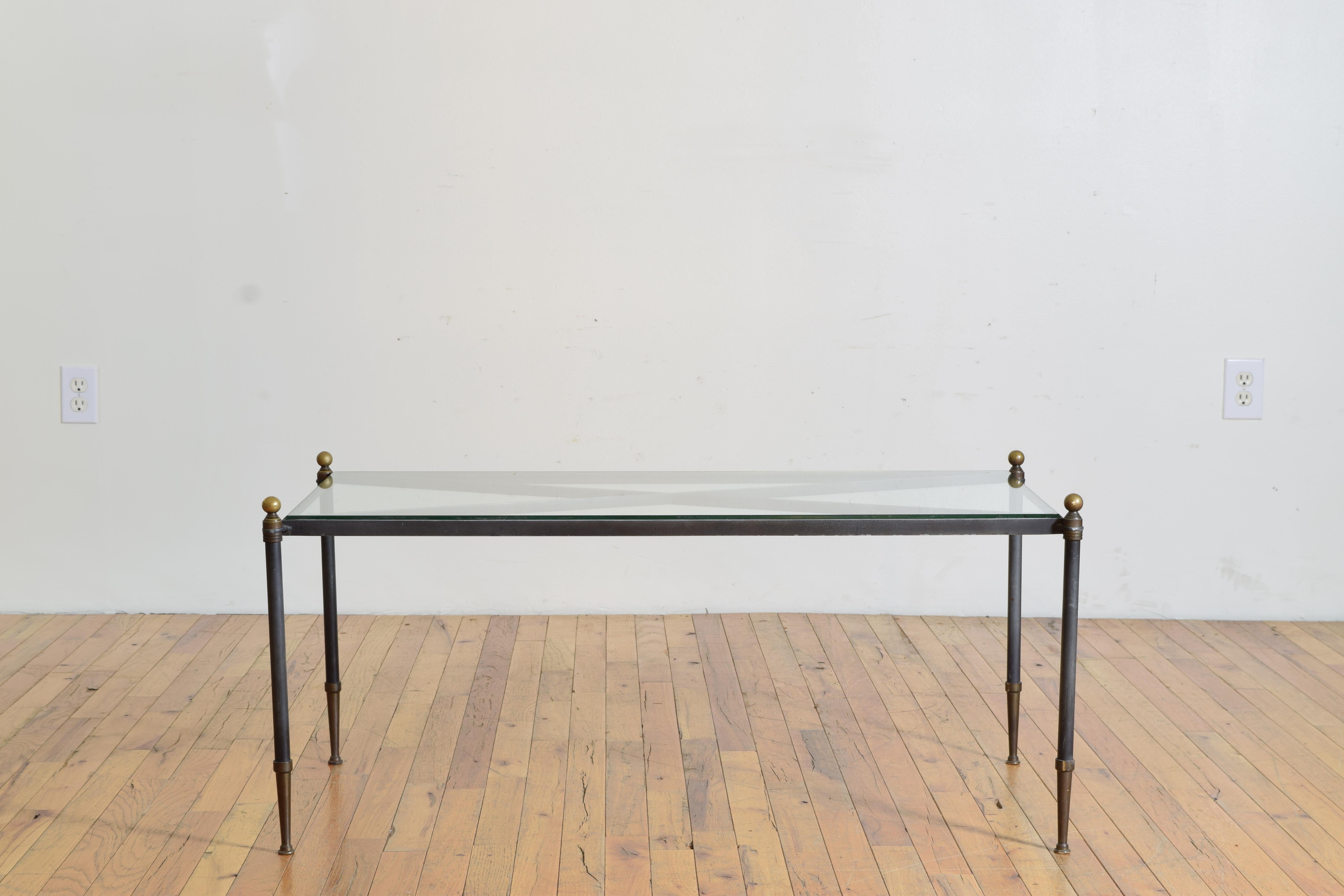 Painted French Mid 20th Century Steel & Brass Glass Top Coffee Table with X-form Frame For Sale