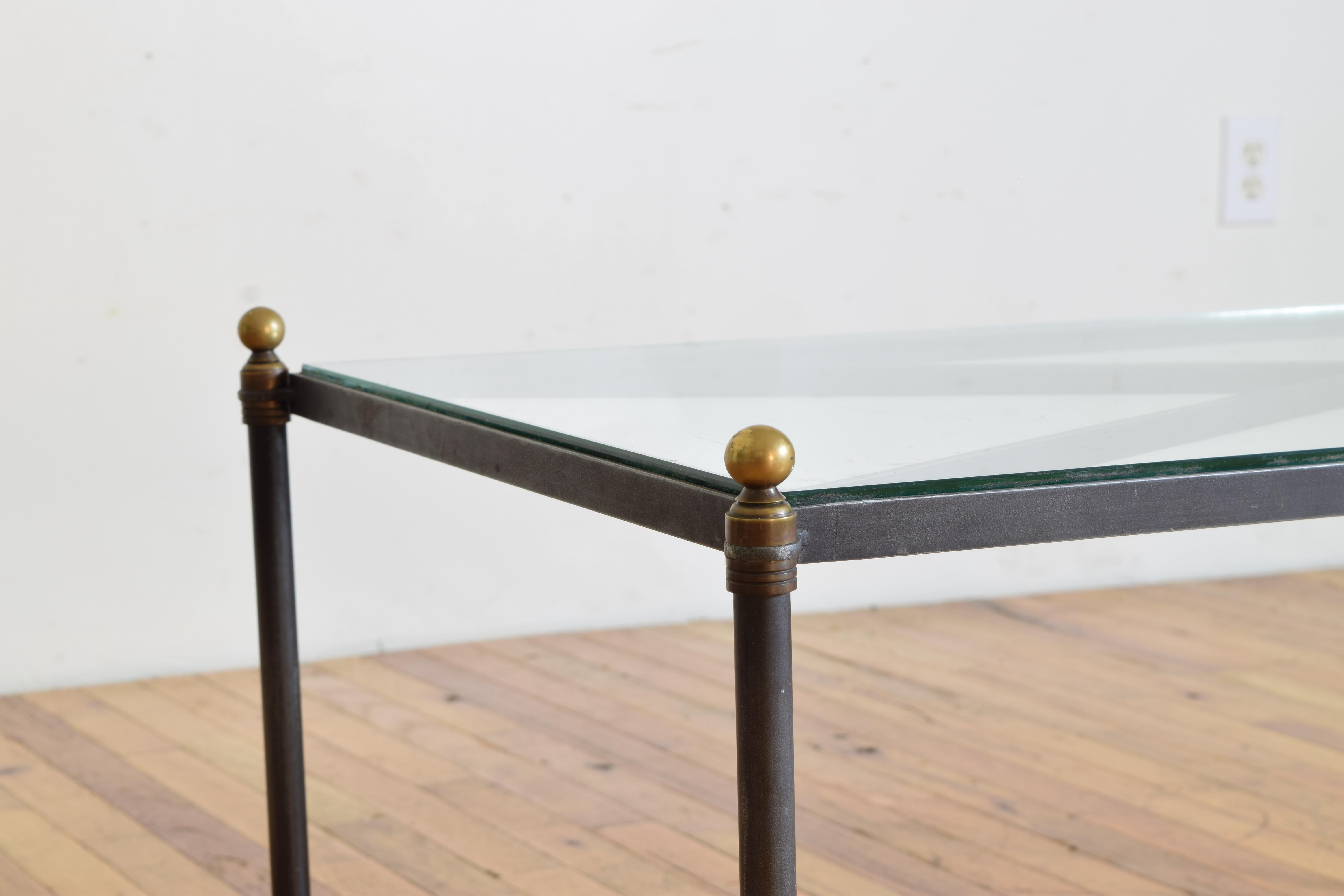 French Mid 20th Century Steel & Brass Glass Top Coffee Table with X-form Frame For Sale 1