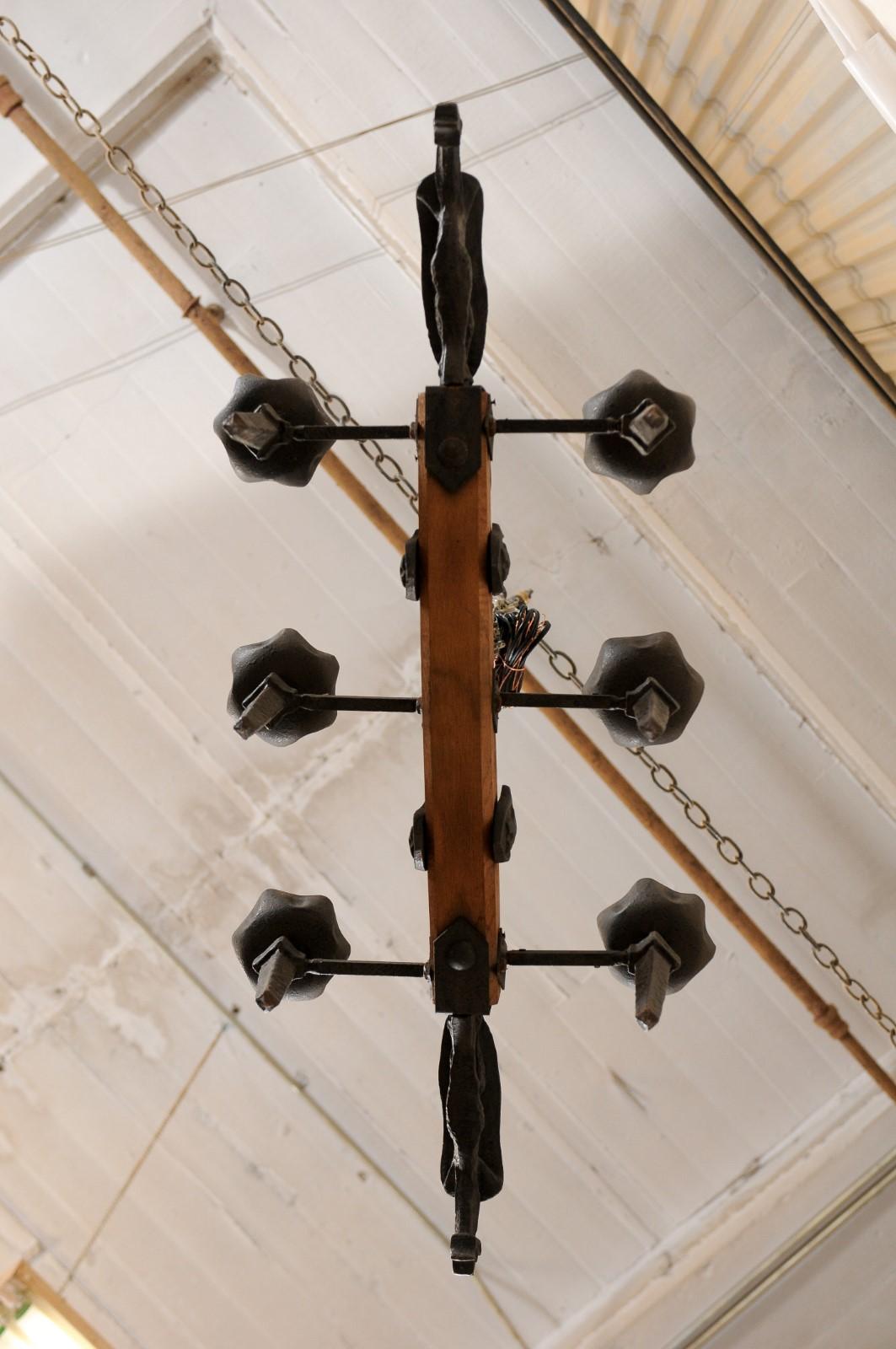 French Mid-20th Century Wood Beam and Iron Chandelier 5