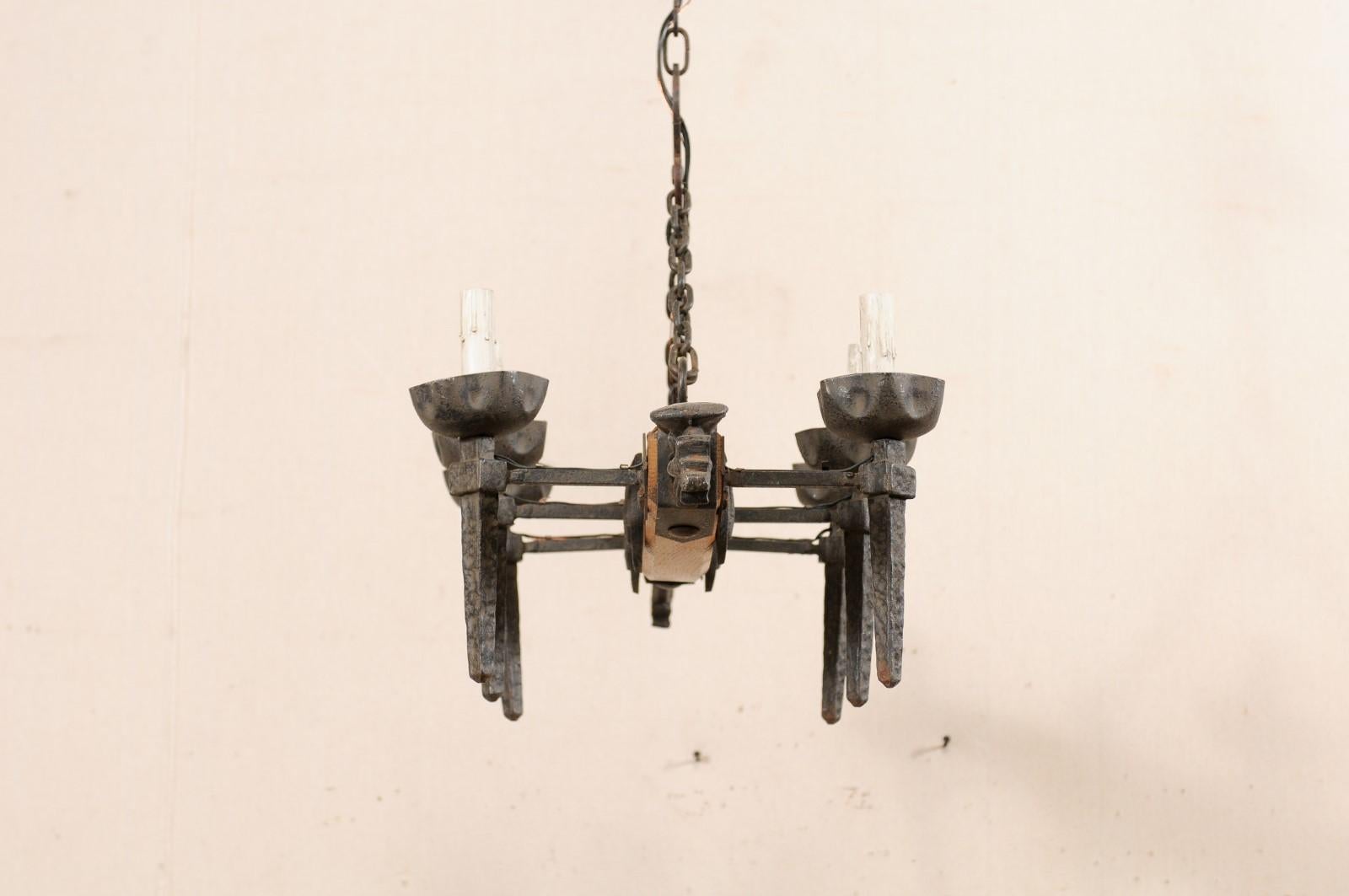 Medieval French Mid-20th Century Wood Beam and Iron Chandelier