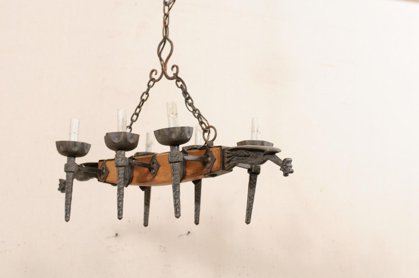 Hammered French Mid-20th Century Wood Beam and Iron Chandelier