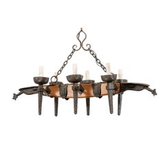 French Mid-20th Century Wood Beam and Iron Chandelier