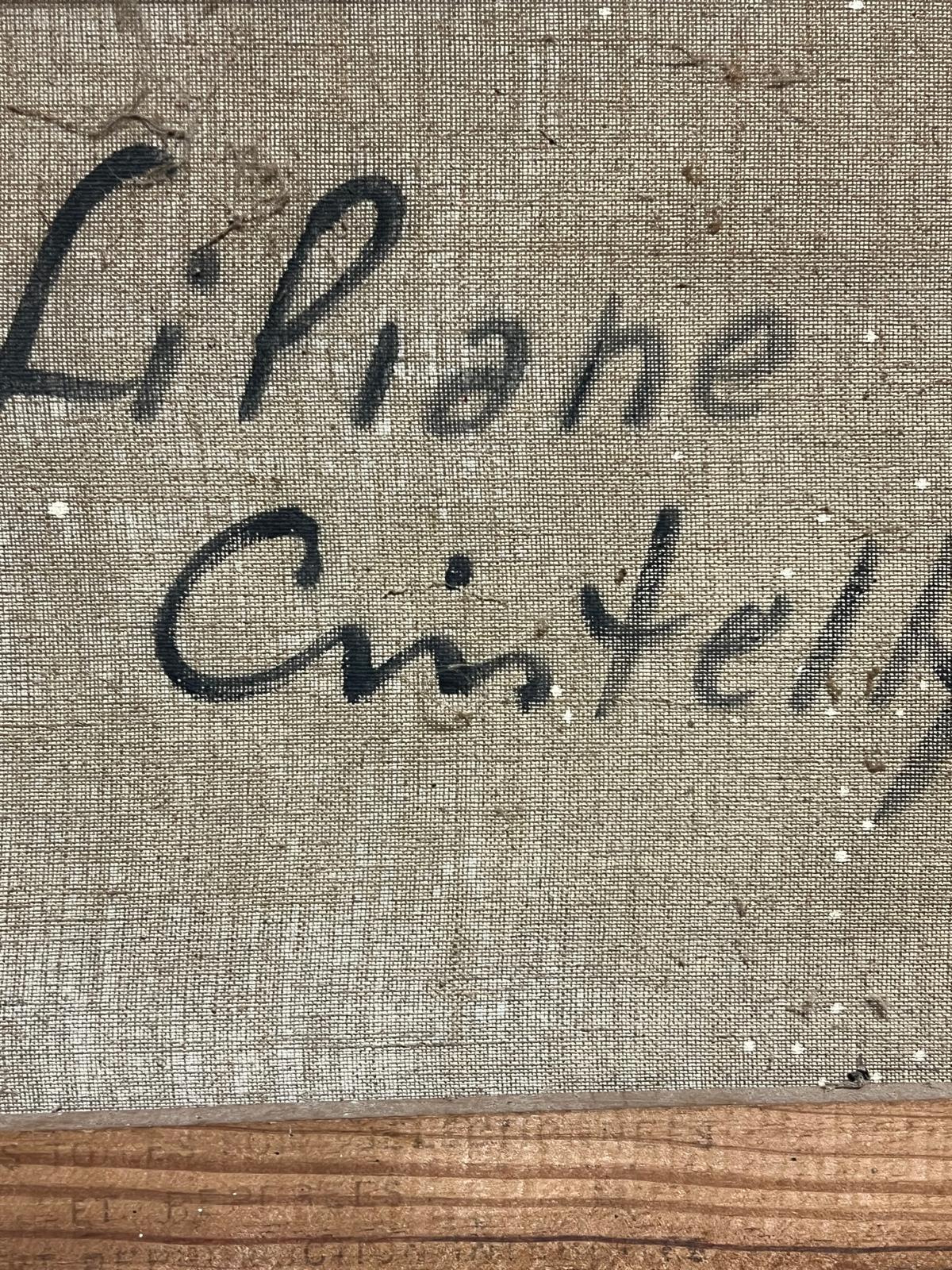 Óleo francés de los años 50 Elegante retrato de mujer con acentos florales con bonete en venta 5