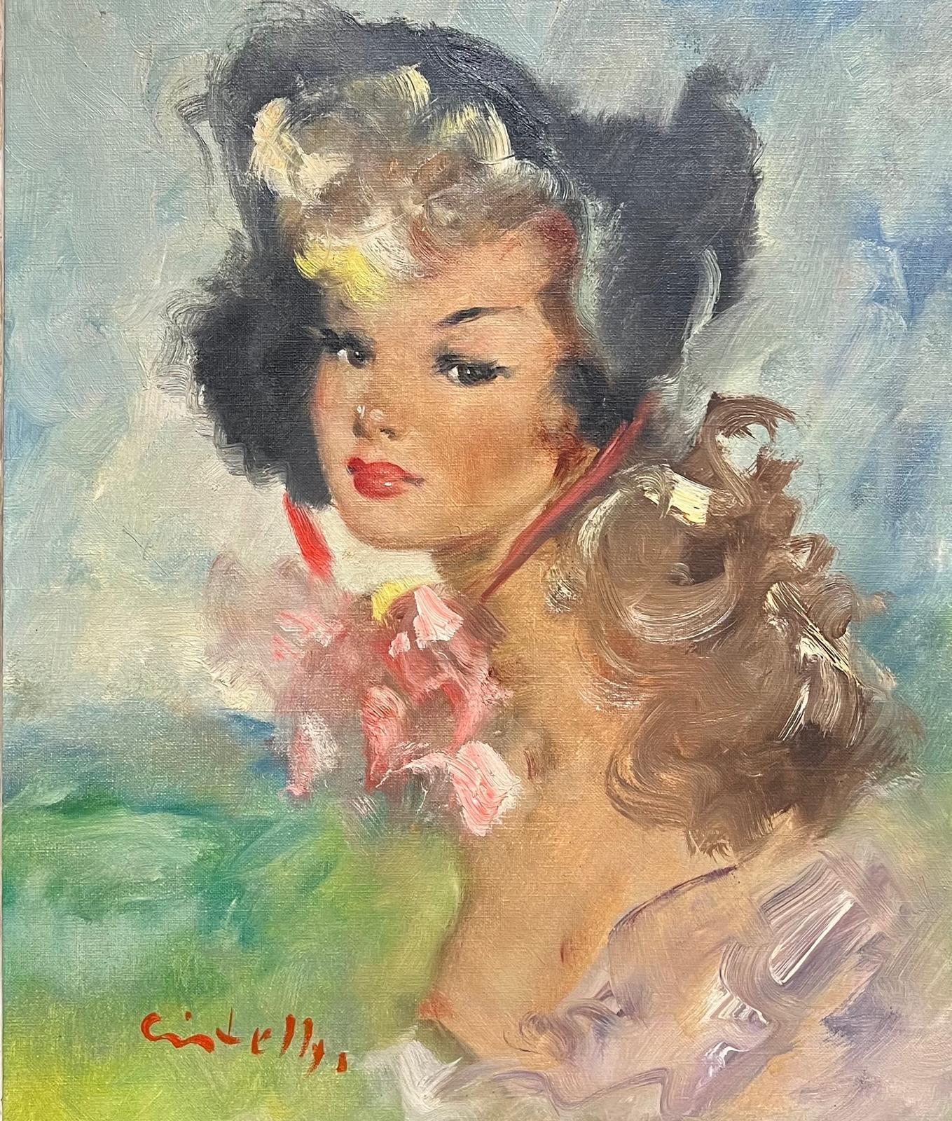 Óleo francés de los años 50 Elegante retrato de mujer con acentos florales con bonete - Painting de French mid 20th