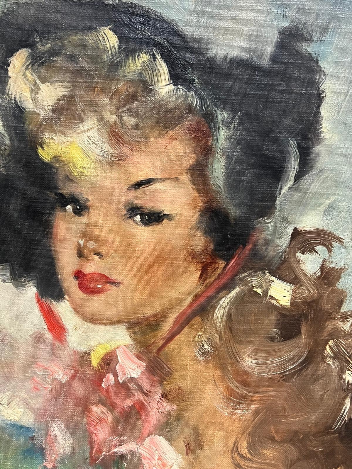 Óleo francés de los años 50 Elegante retrato de mujer con acentos florales con bonete en venta 1