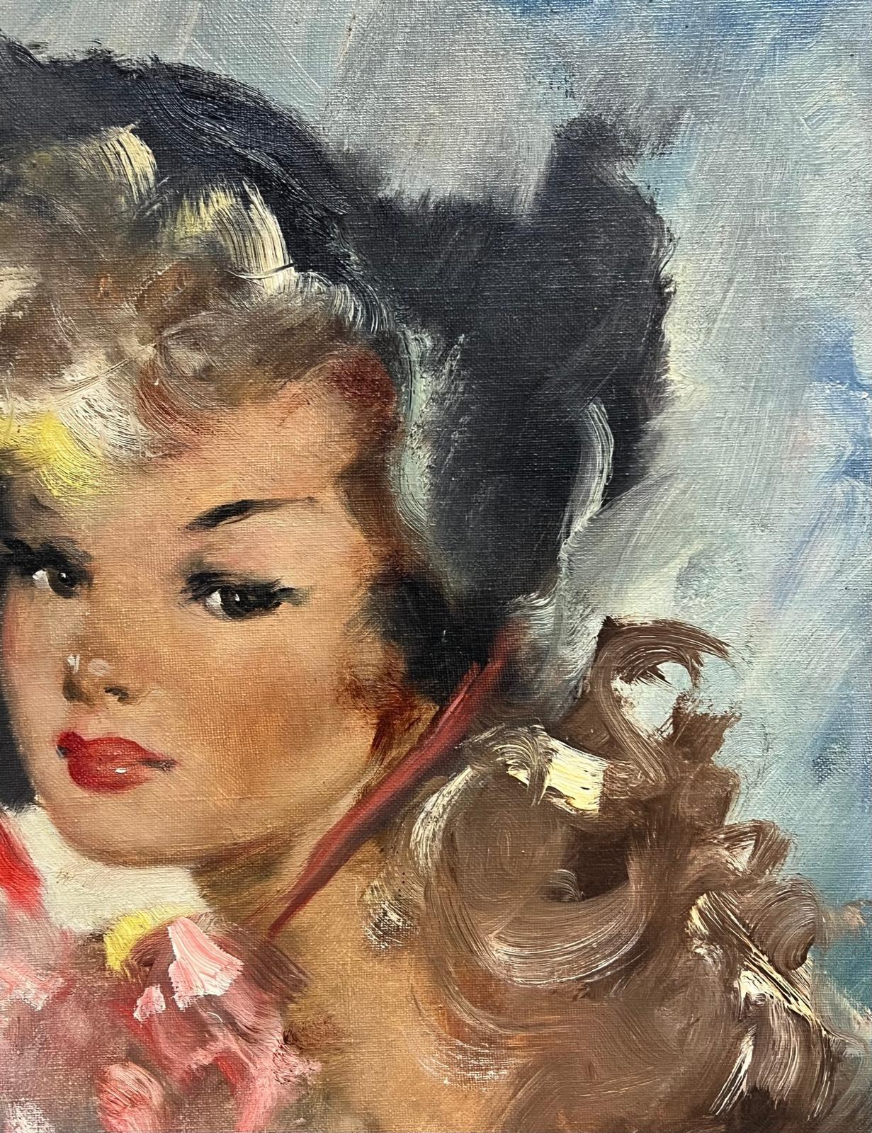 Óleo francés de los años 50 Elegante retrato de mujer con acentos florales con bonete en venta 2