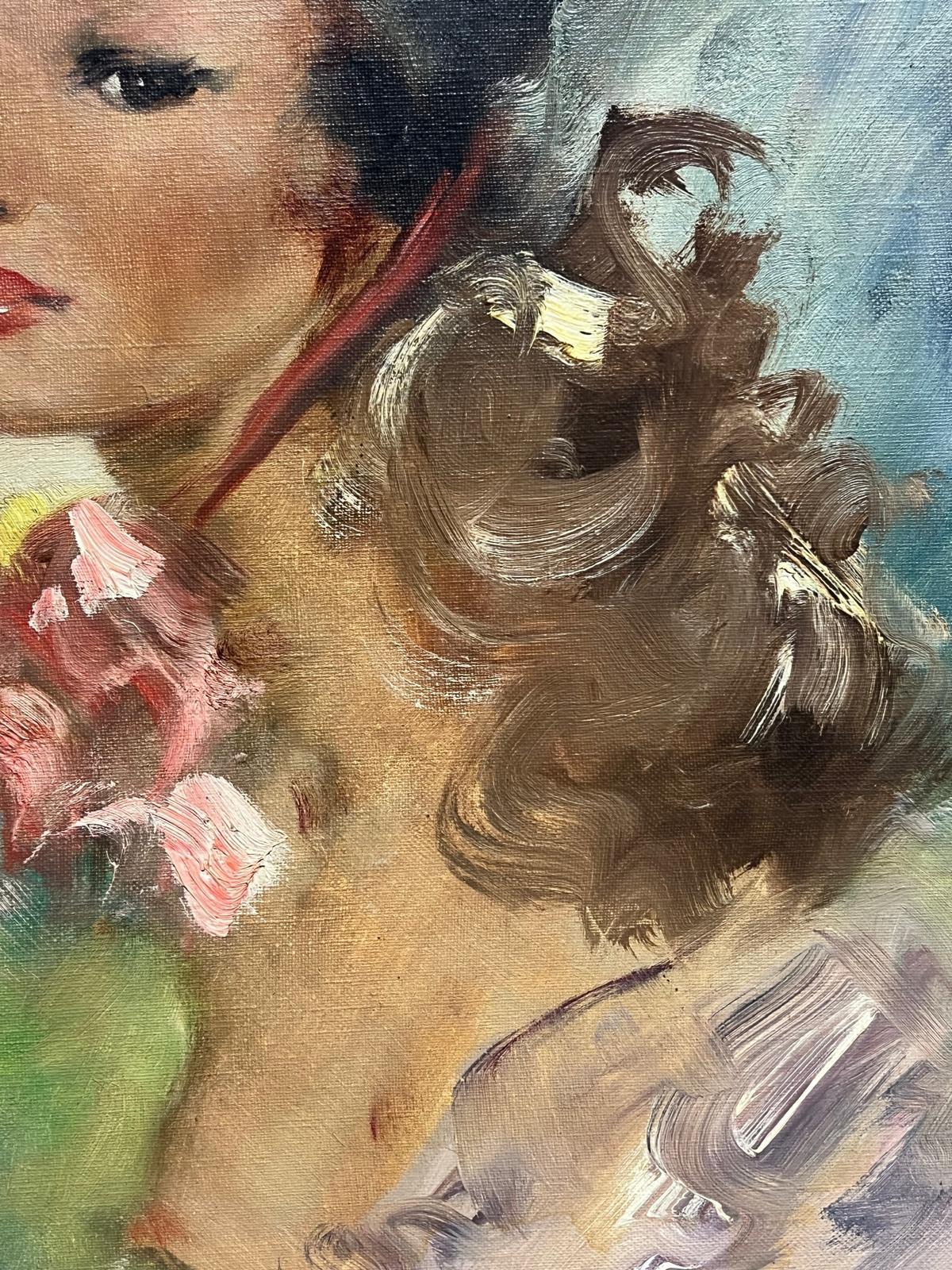 Óleo francés de los años 50 Elegante retrato de mujer con acentos florales con bonete en venta 3