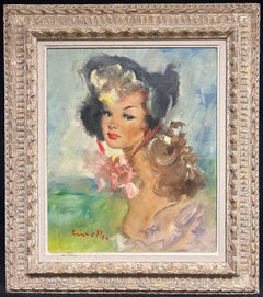 1950's French Oil Elegant Portrait of a Woman with Floral Accents in Bonnet