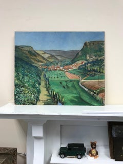 Quadro a olio firmato degli anni '50, case di un villaggio francese in un paesaggio di Greene & Greene Valley