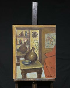 Large French 20th Century Modernist Oil Still Life Interior Room Scene, signed