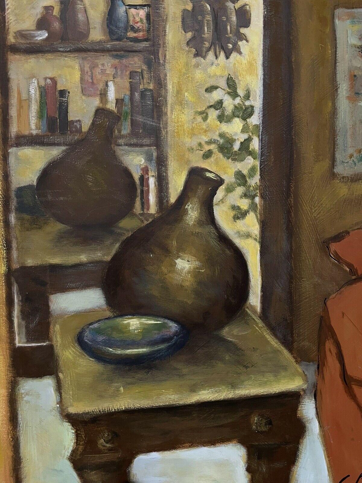 Artist/ School: French School, mid 20th century

Title: Interior scene

Medium: signed oil painting on board, unframed.

Size: board: 28.75 x 21.25 inches

Provenance: private collection, France

Condition: The painting is in overall very good and