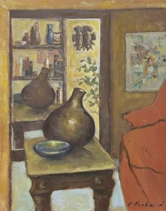 Large French 20th Century Modernist Oil Still Life Interior Room Scene, signed