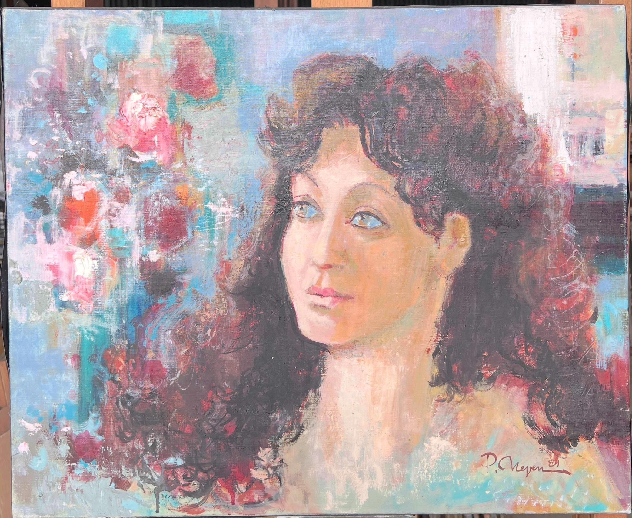 Großes französisches Ölgemälde des 20. Jahrhunderts Porträt einer jungen Frau, signiert – Painting von French mid 20th