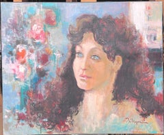Grande dipinto a olio francese del XX secolo Ritratto di giovane donna, firmato
