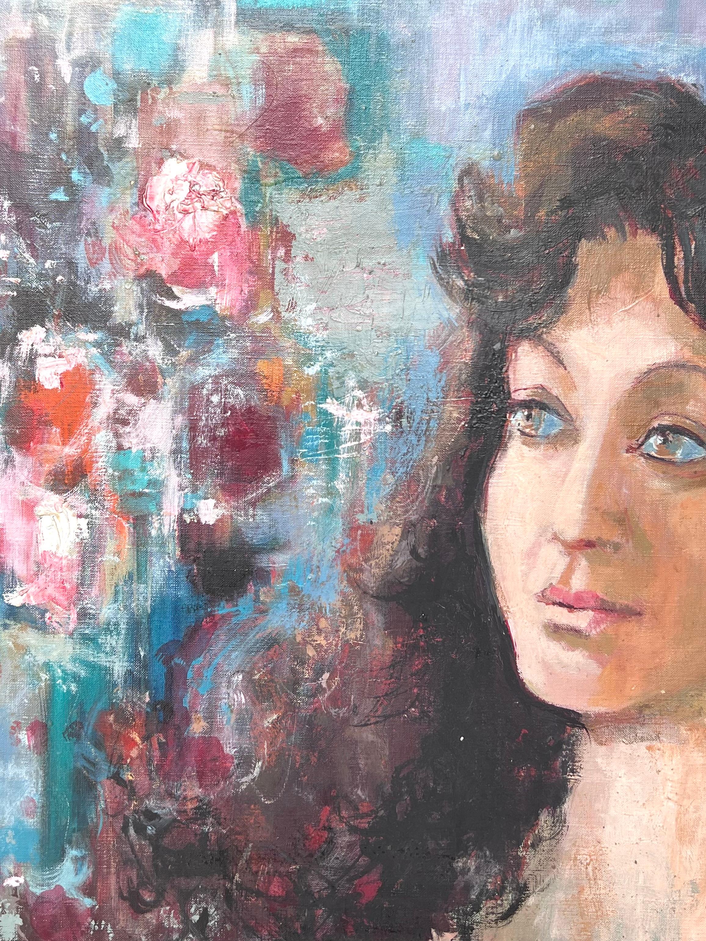 Großes französisches Ölgemälde des 20. Jahrhunderts Porträt einer jungen Frau, signiert (Französische Schule), Painting, von French mid 20th