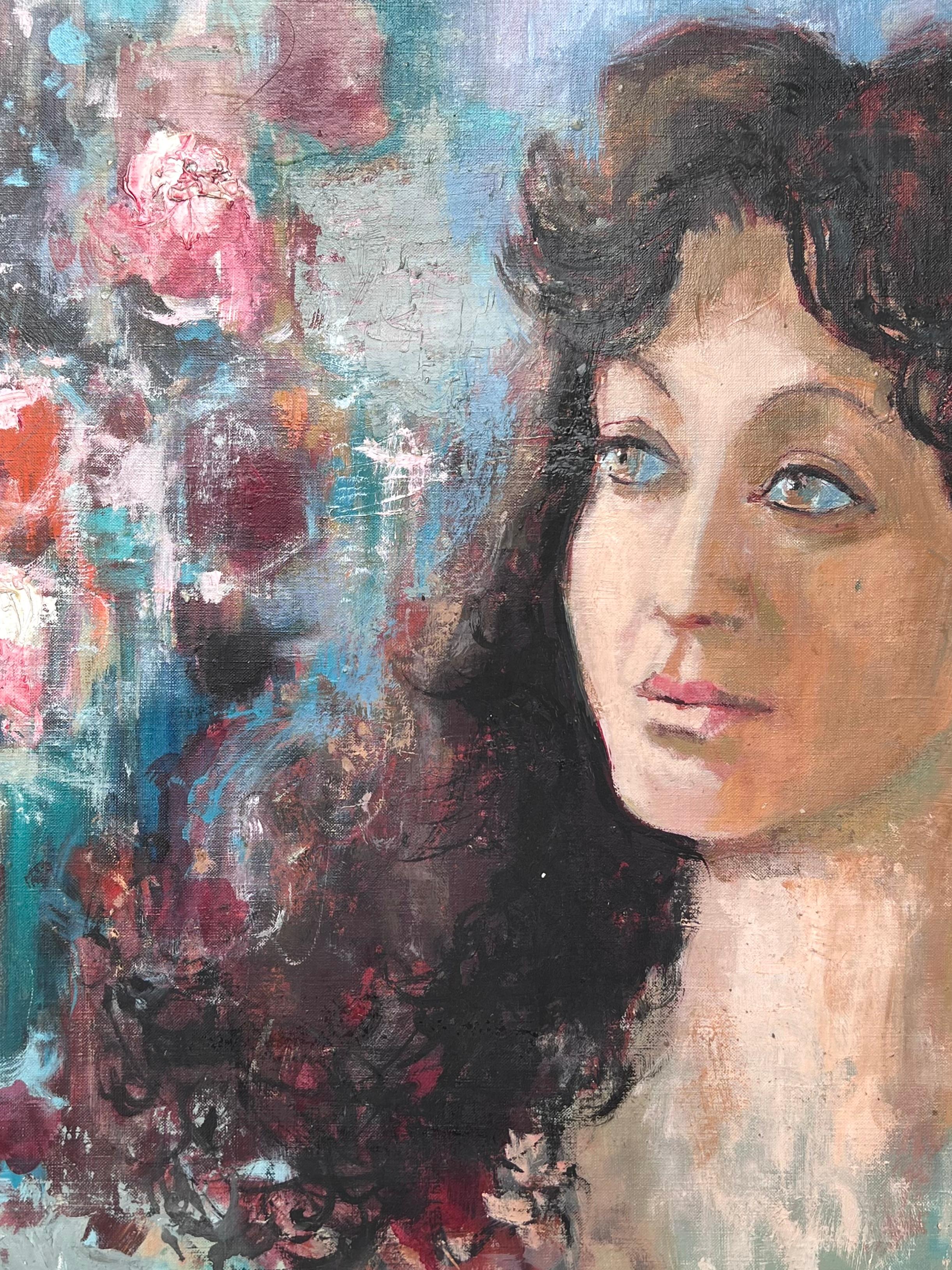 Großes französisches Ölgemälde des 20. Jahrhunderts Porträt einer jungen Frau, signiert (Grau), Portrait Painting, von French mid 20th