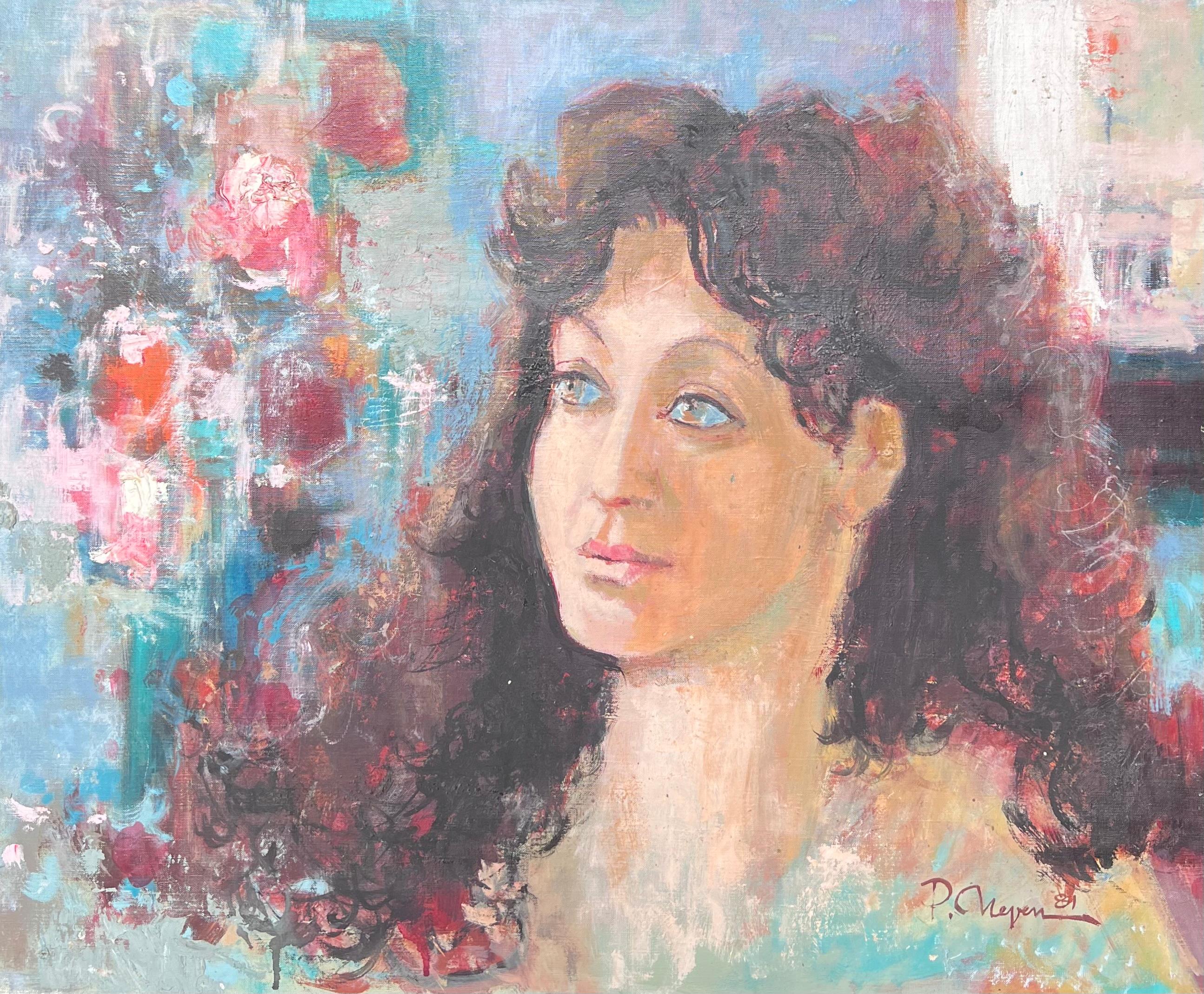 Large French 20th Century Oil Painting Portrait of Young Woman, signed