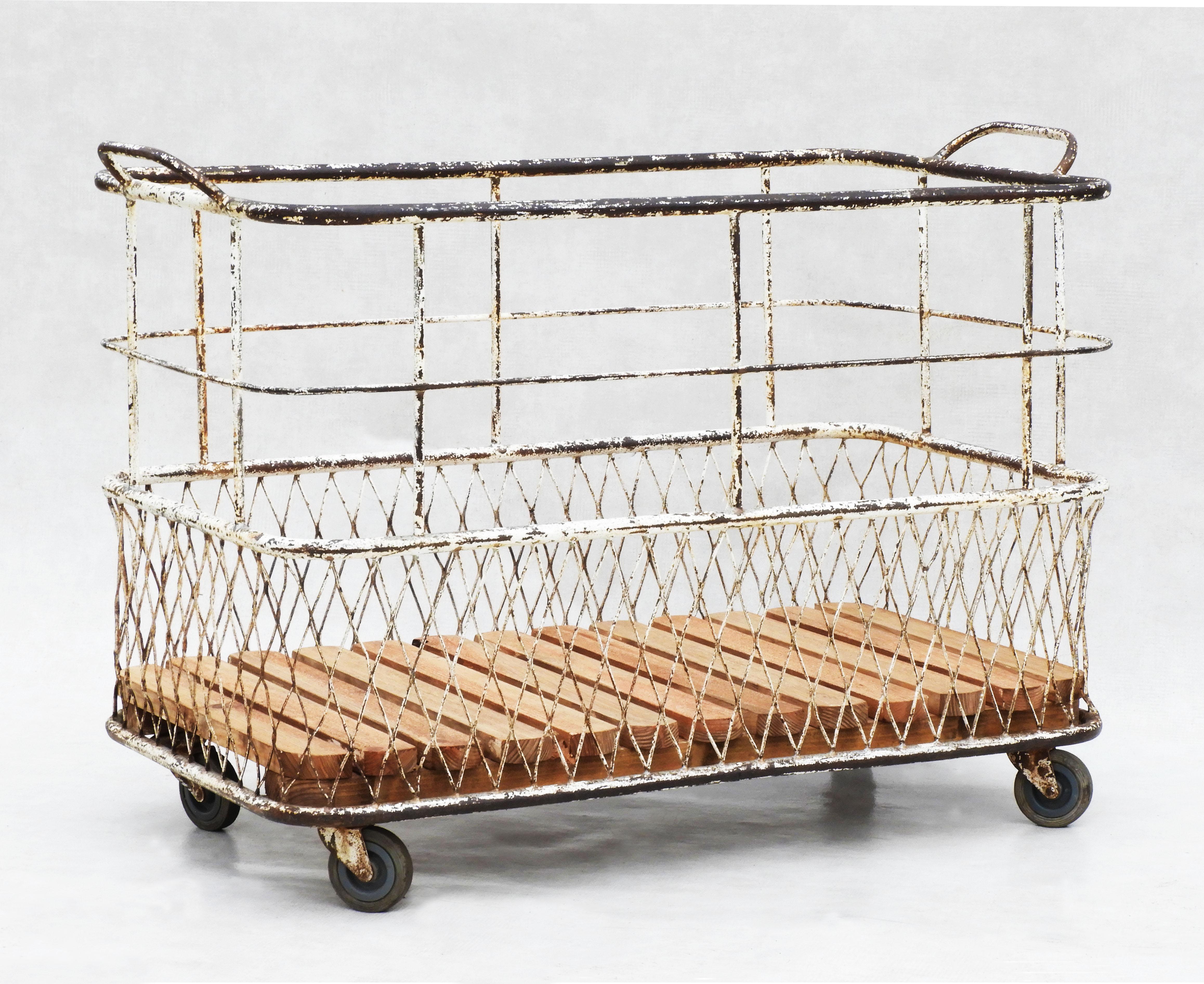 Painted French Mid Century Industrial Boulangerie Trolley Basket Cart C1950 For Sale