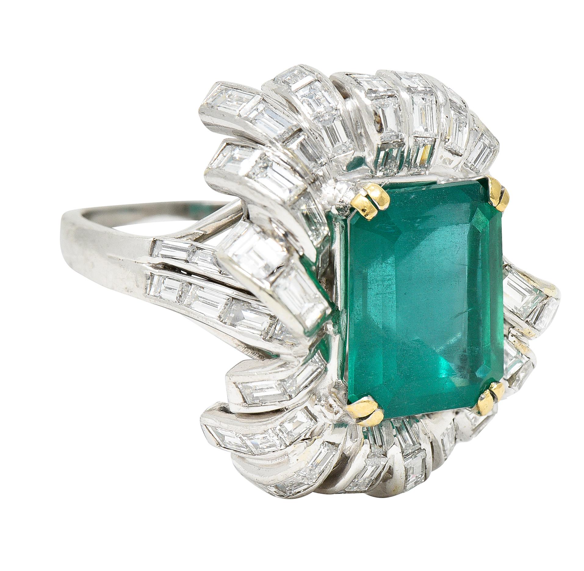 Retro French Mid-Century 11.65 Carats Emerald Diamond Platinum 18 Karat Gold Ring