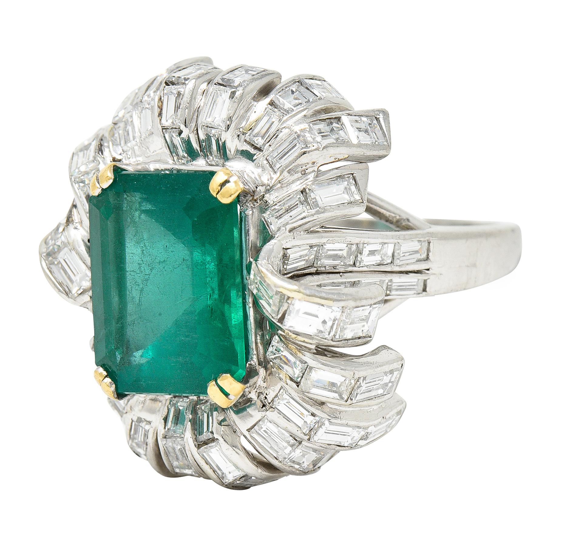 French Mid-Century 11.65 Carats Emerald Diamond Platinum 18 Karat Gold Ring 1