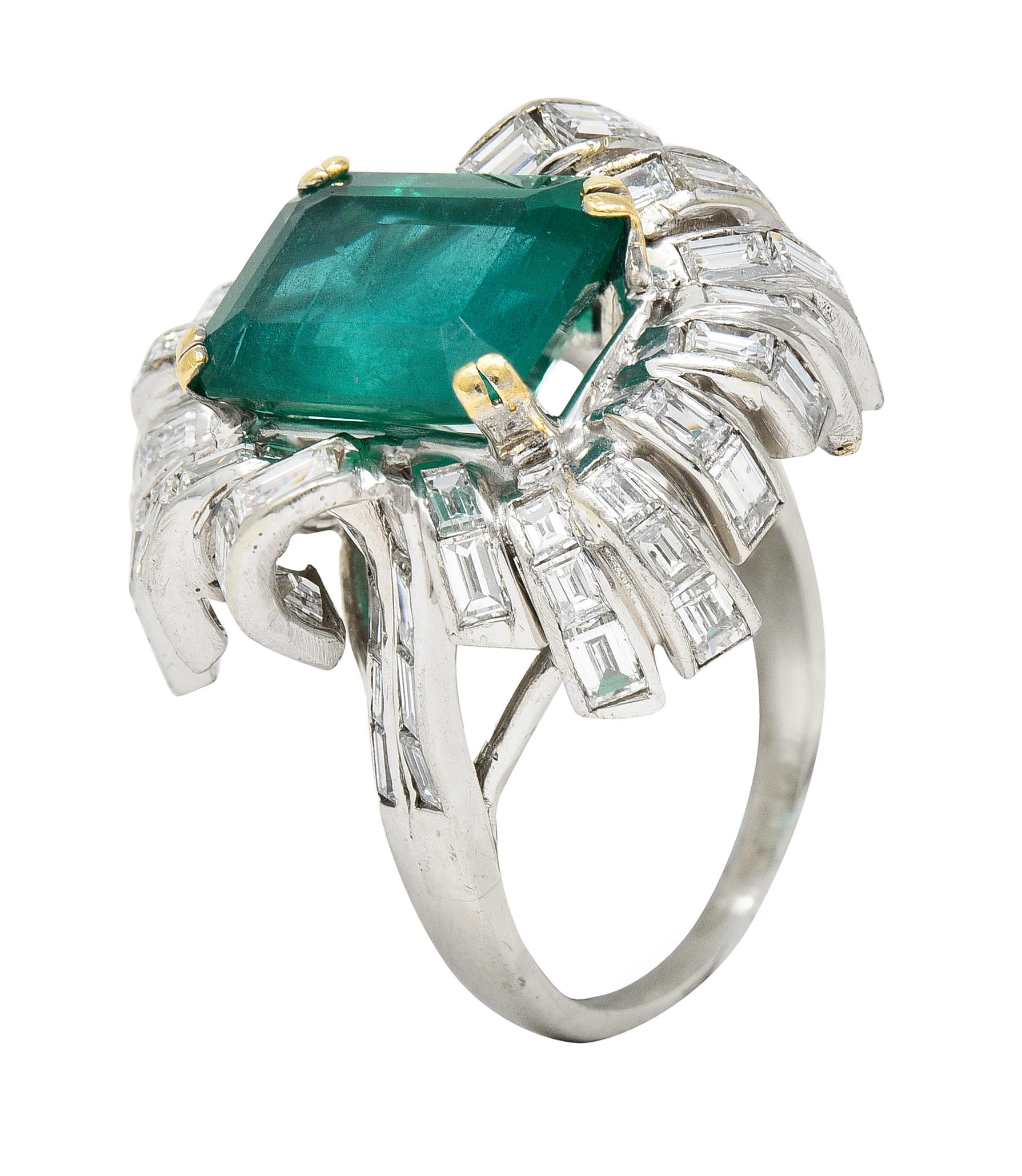 French Mid-Century 11.65 Carats Emerald Diamond Platinum 18 Karat Gold Ring 2