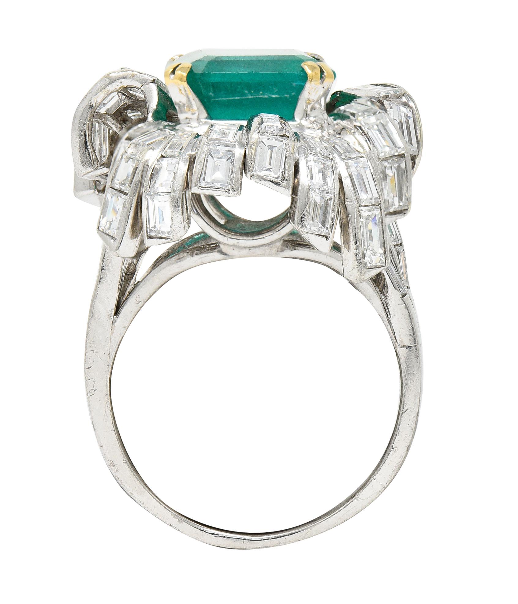 French Mid-Century 11.65 Carats Emerald Diamond Platinum 18 Karat Gold Ring 3