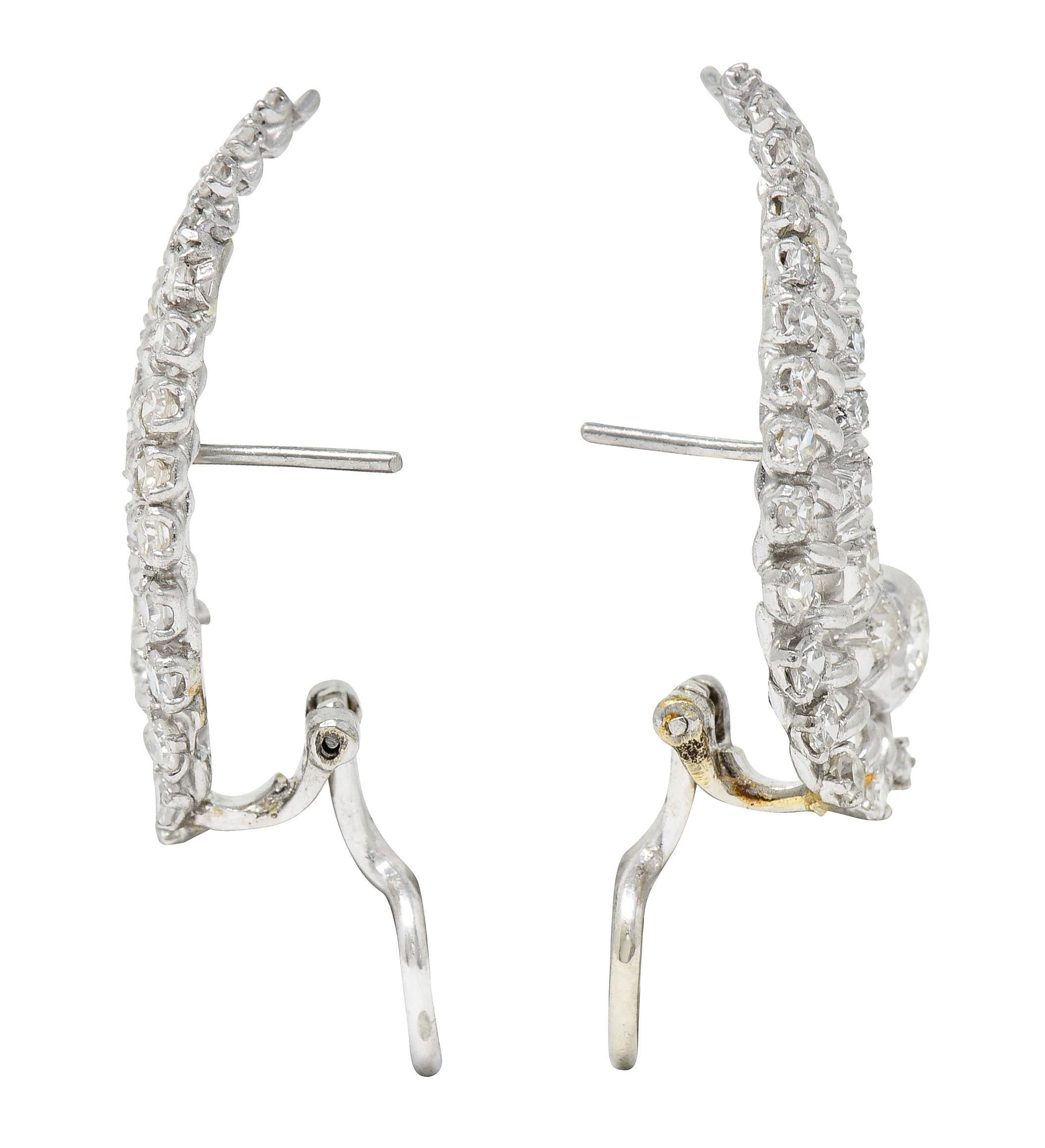 Single Cut French Mid-Century 1.50 Carat Diamond Platinum Ear-Crawler Earrings