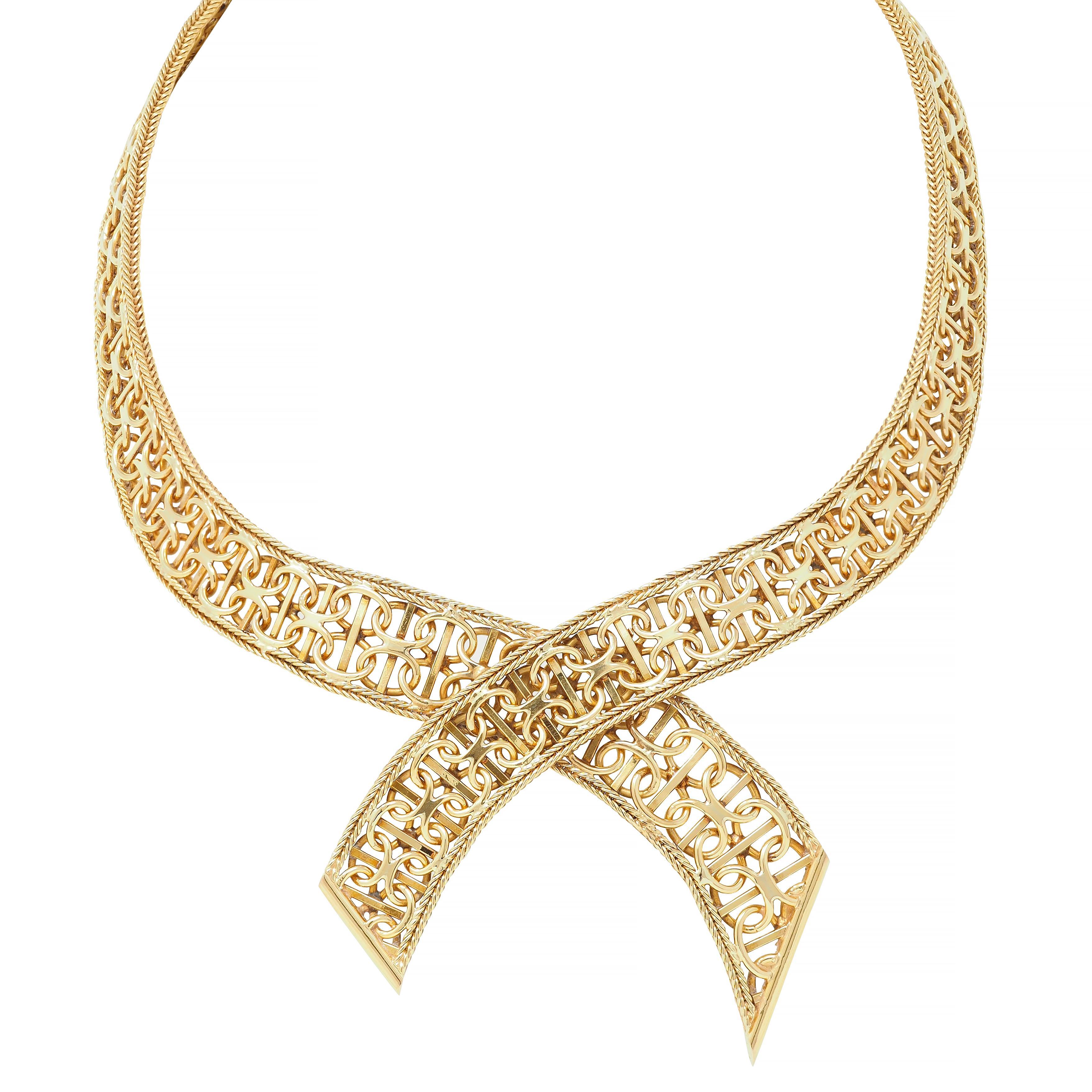 Women's or Men's French Mid-Century 18 Karat Yellow Gold Woven Ribbon Vintage Collar Necklace For Sale