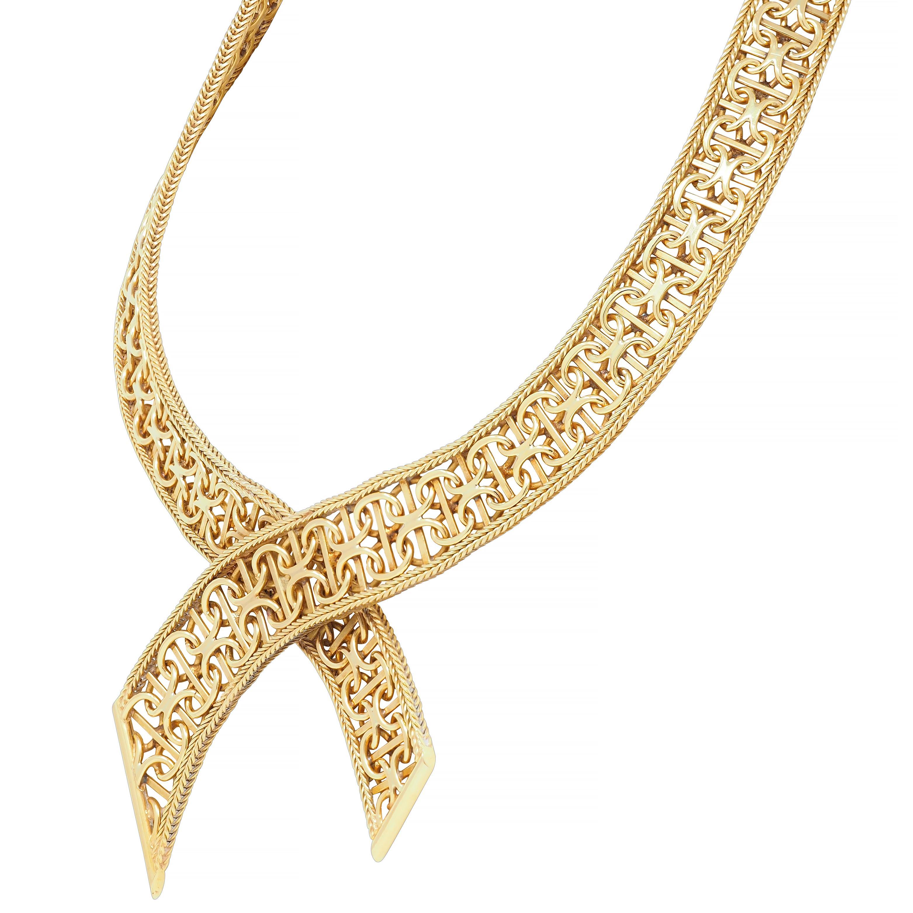 Französische Mid-Century-Halskette aus 18 Karat Gelbgold mit gewebtem Band und Vintage-Kragen im Angebot 1