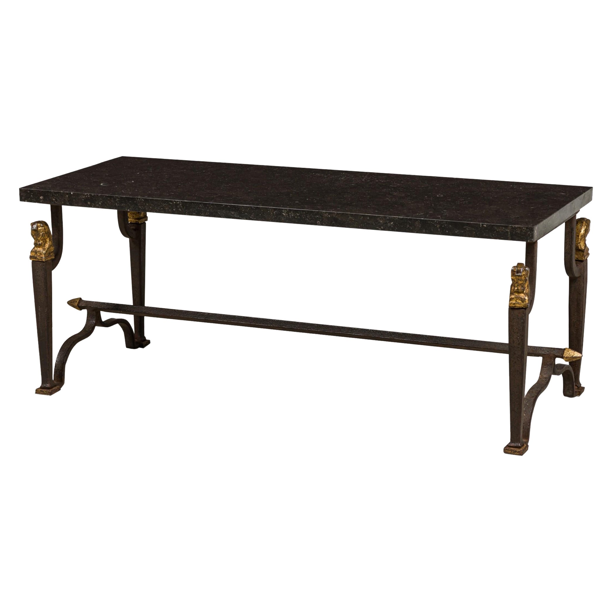 French Mid-Century (1940s) Bagues Patinated Wrought Iron 
Marble Coffee Table