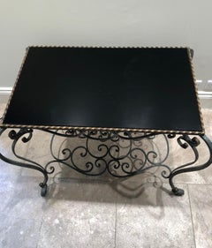 French Mid-Century 1940s Forged Iron and Glass Table on Wheels