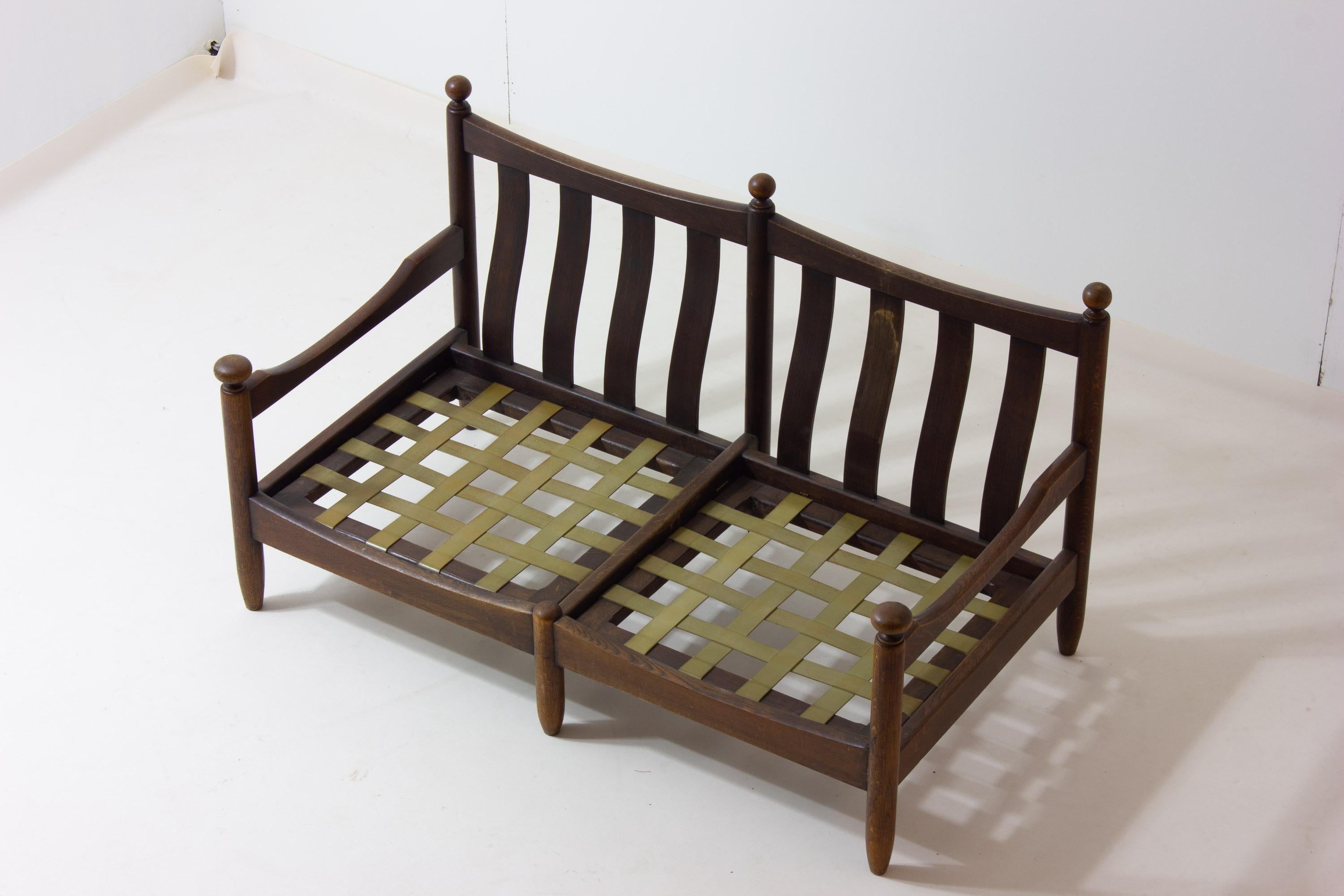 Poltrona francese a due posti della metà del secolo scorso in Oak e pelle in vendita 5