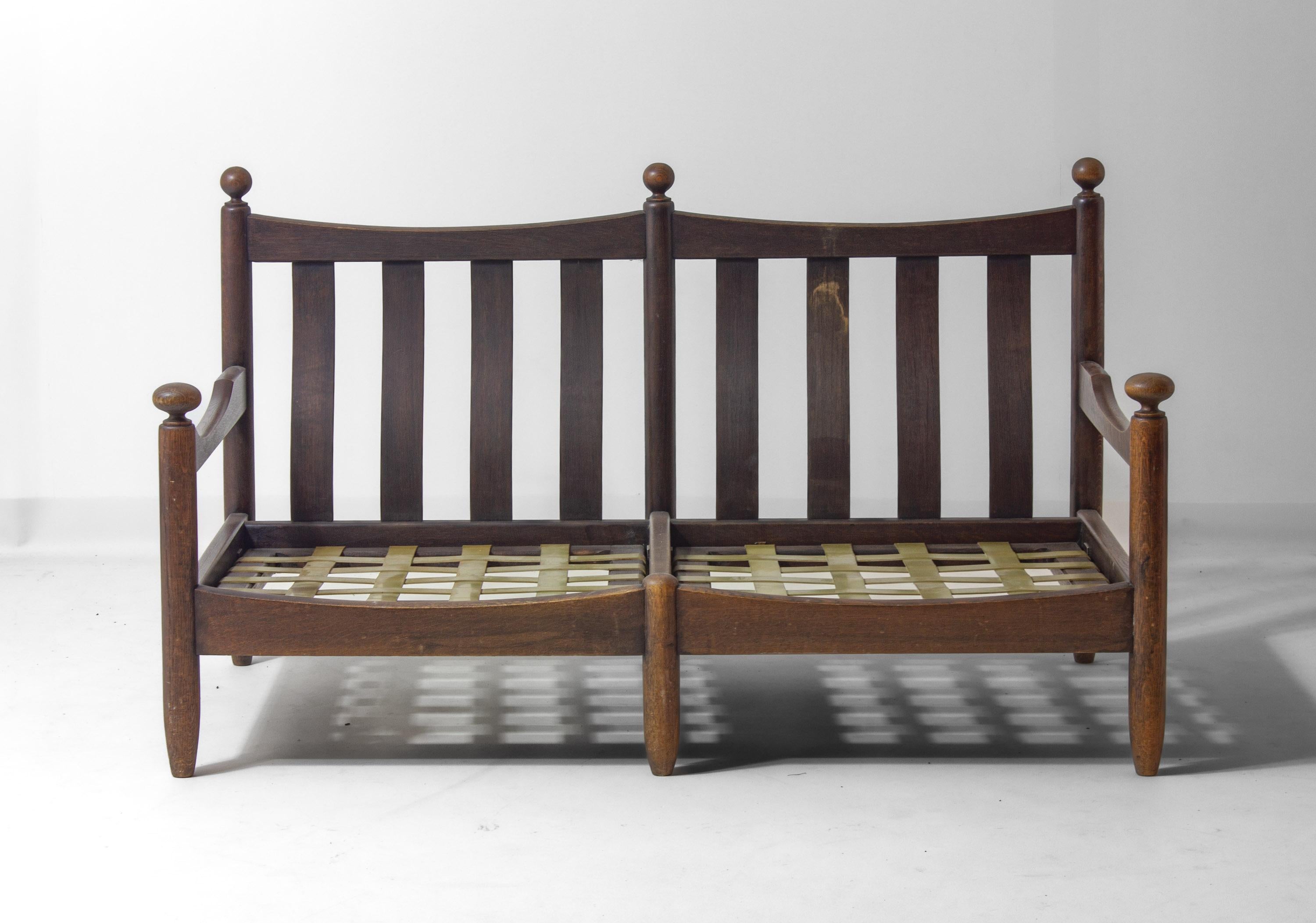 Poltrona francese a due posti della metà del secolo scorso in Oak e pelle in vendita 6