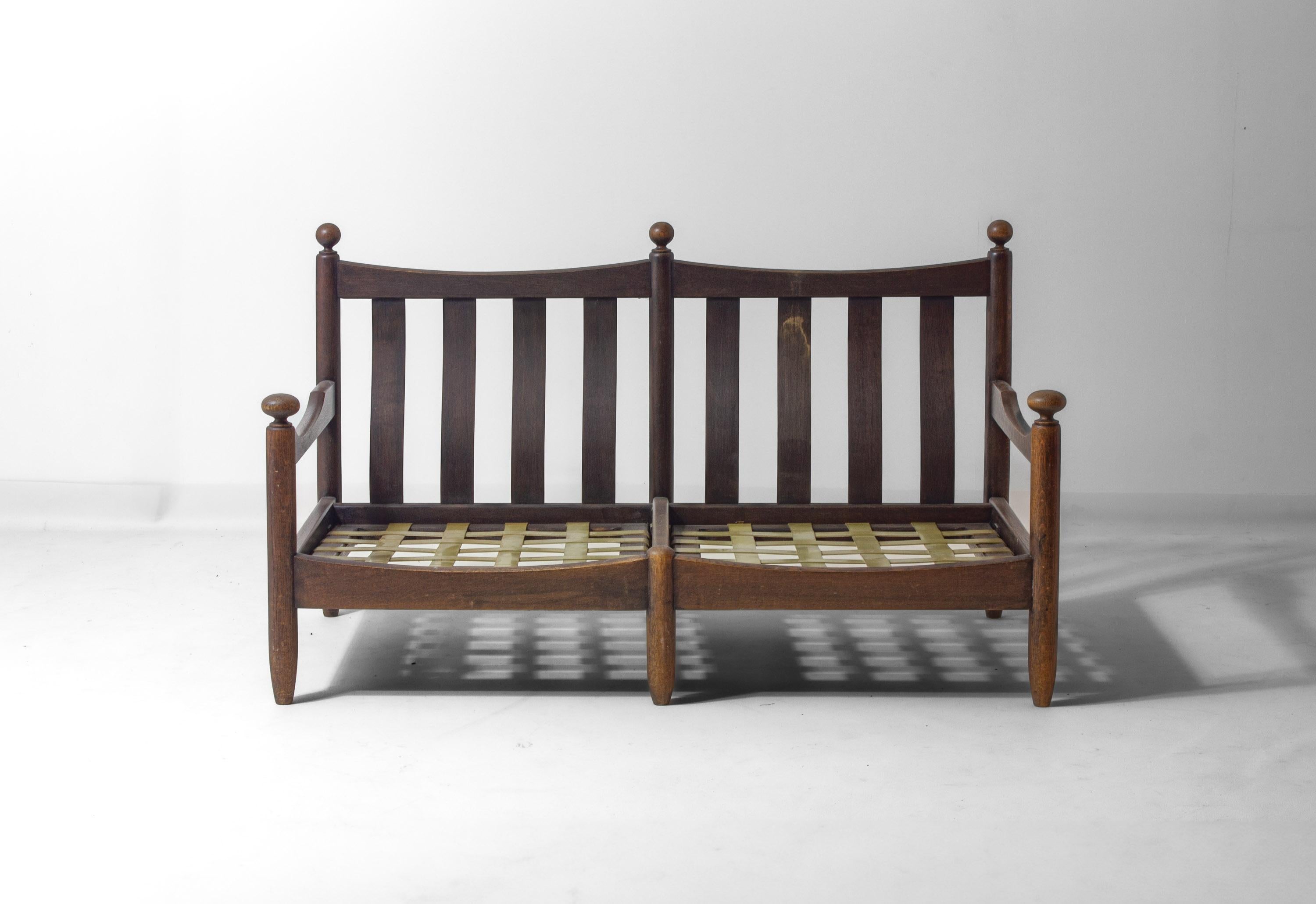 Poltrona francese a due posti della metà del secolo scorso in Oak e pelle in vendita 7