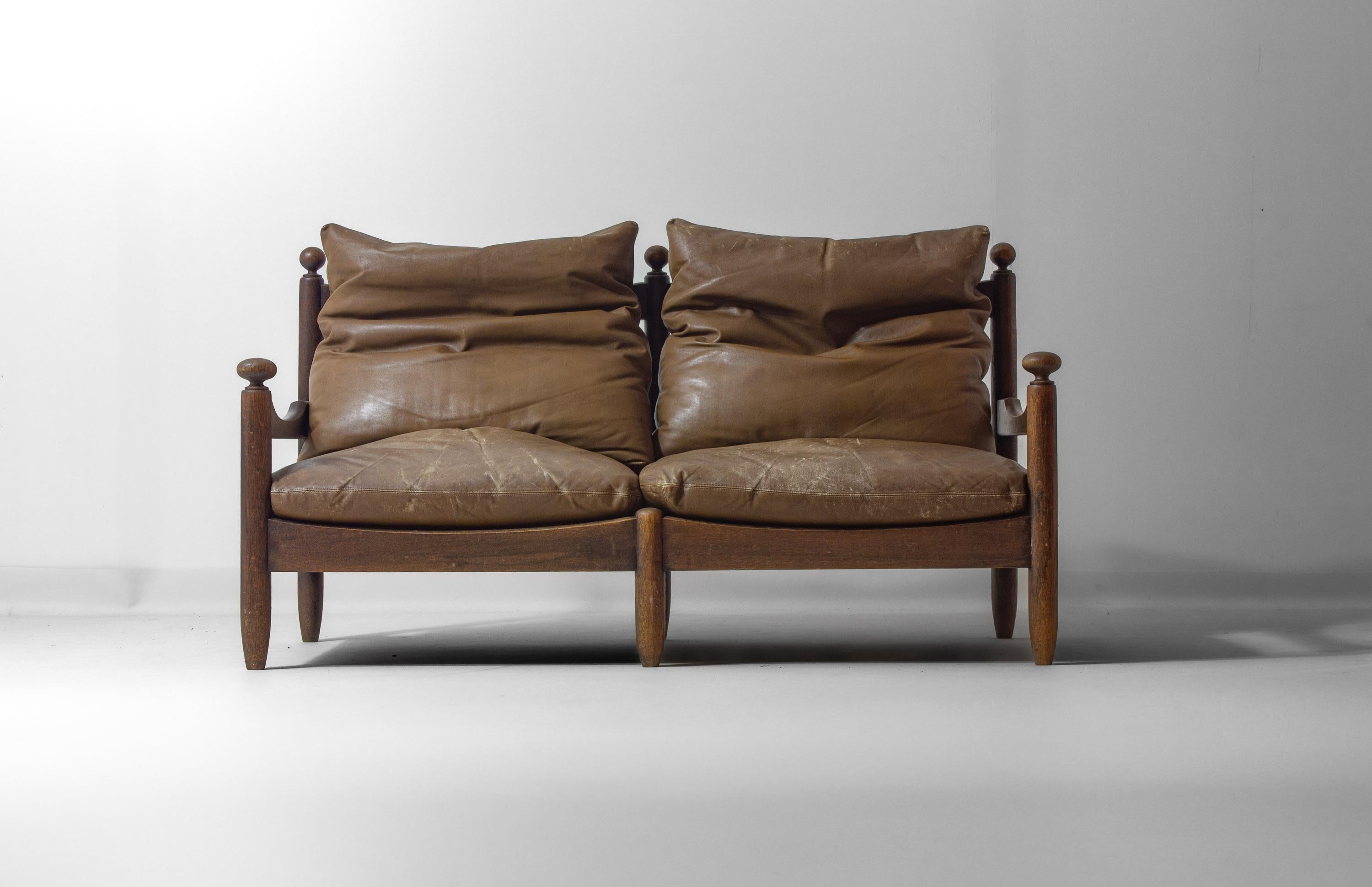 Poltrona francese a due posti della metà del secolo scorso in Oak e pelle in vendita 9