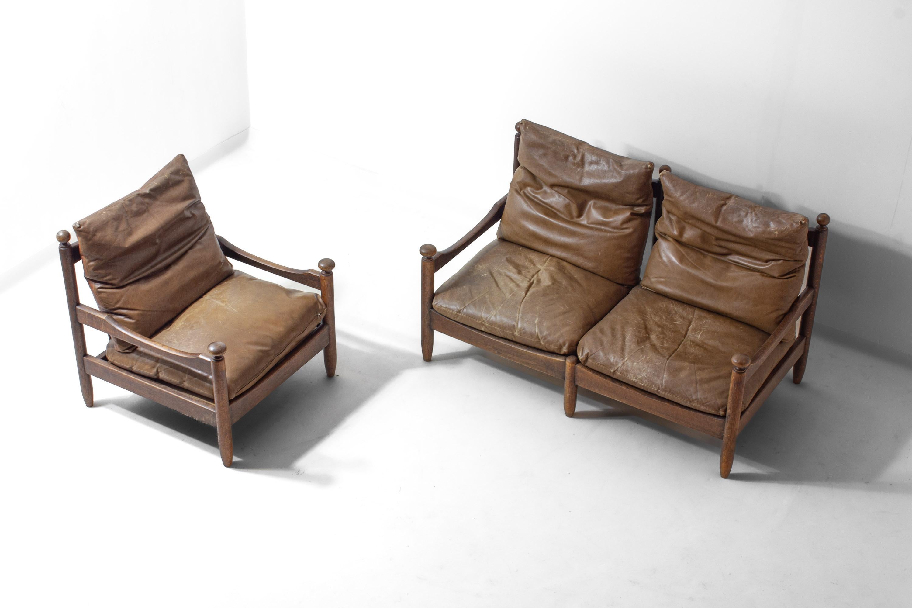 Francese Poltrona francese a due posti della metà del secolo scorso in Oak e pelle in vendita