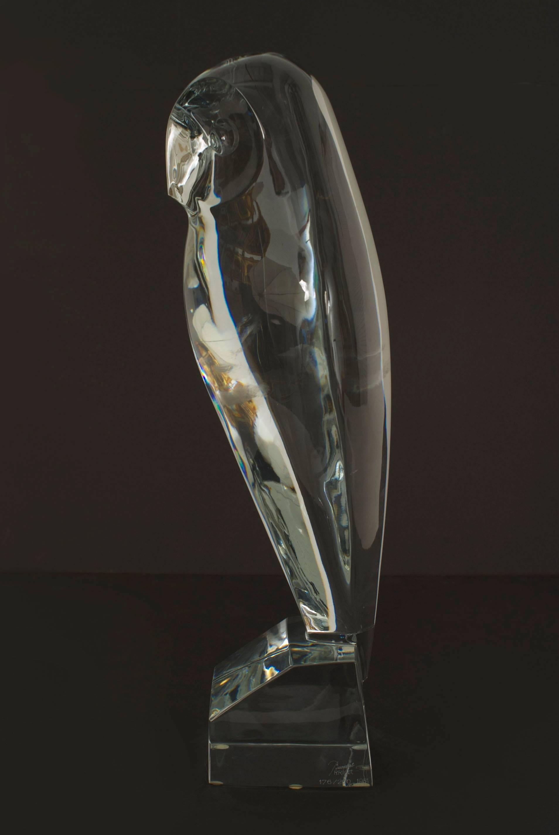 French Mid-Century (1980/90s) limited edition (176/200) stylized crystal figure of a standing owl (signed R RIGOT, BACCARAT)
